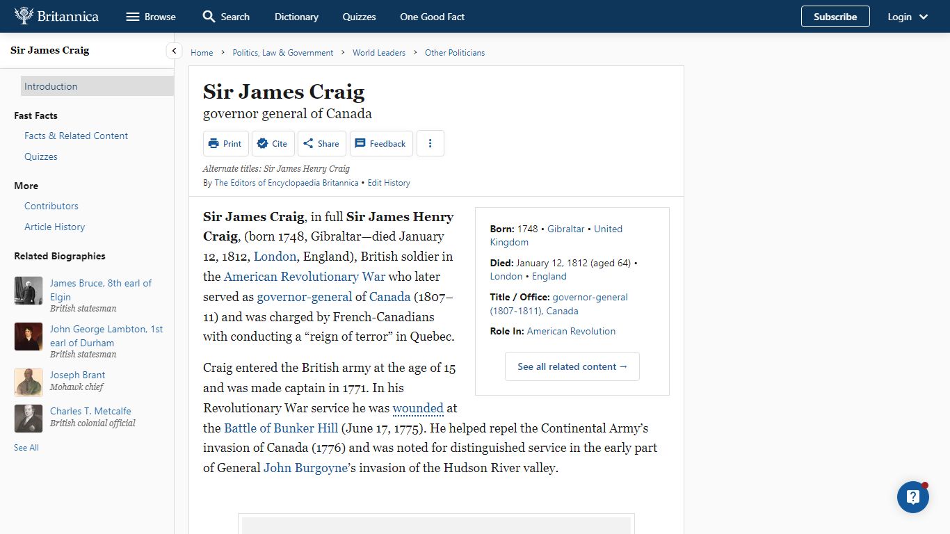 Sir James Craig | governor general of Canada | Britannica